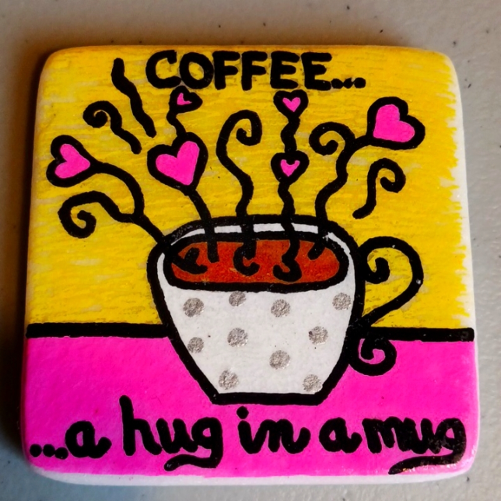 Coffee ...a hug in a mug Painted Art Rock Stone Paper Weight Rare #eshopchicago